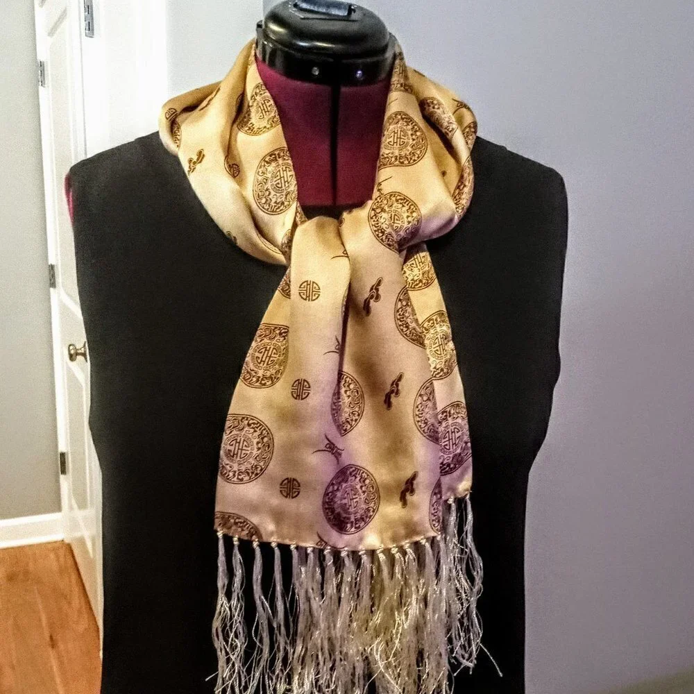 Chinese Beige Brown Silk Oblong Fringed Scarf